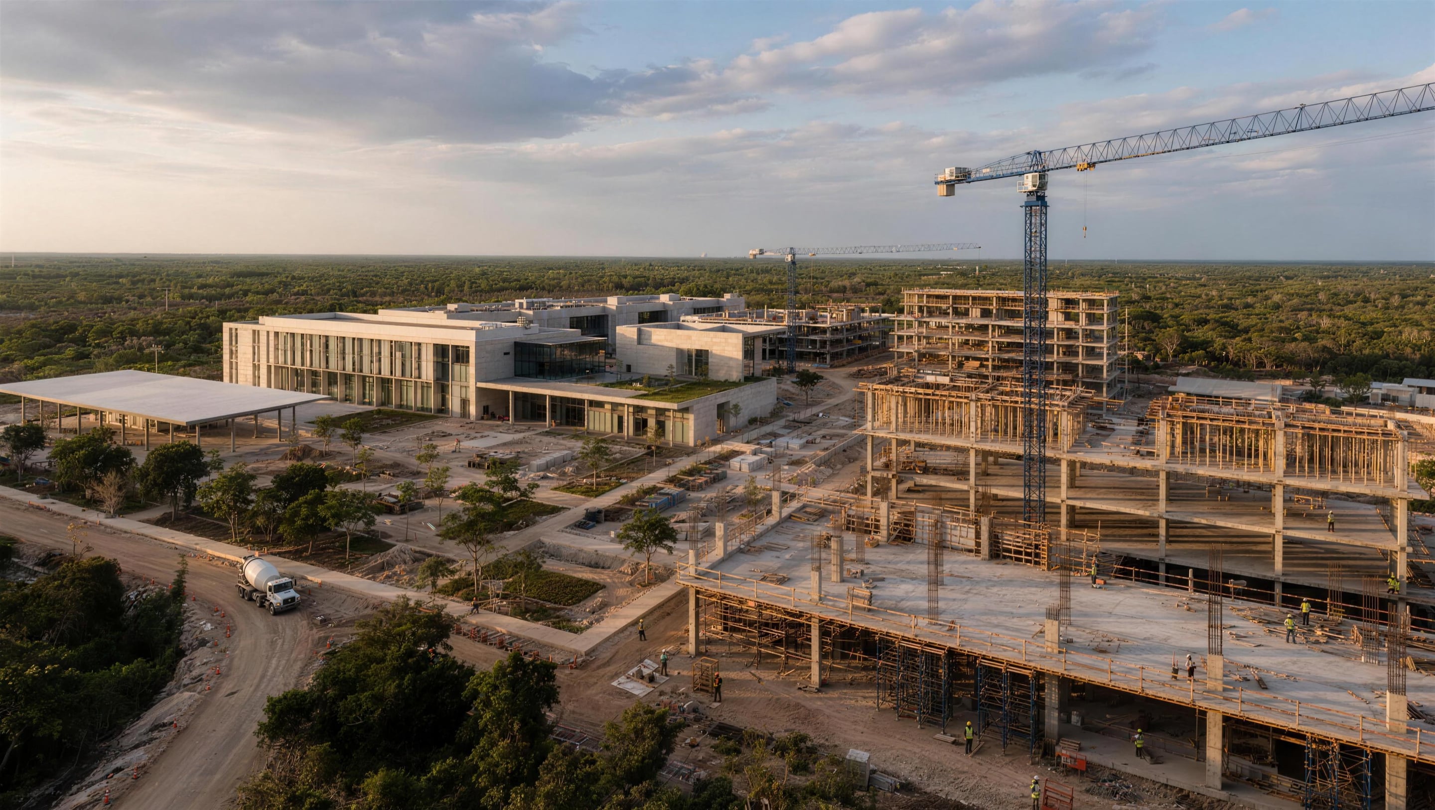 Vista aérea del proyecto al atardecer: el edificio terminado y su explanada junto a las estructuras en obra, con grúas torre y la selva alrededor