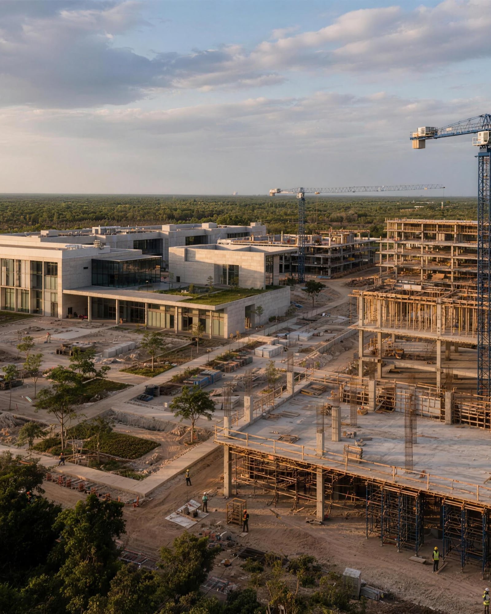 Vista aérea del proyecto al atardecer: el edificio terminado y su explanada junto a las estructuras en obra, con grúas torre y la selva alrededor